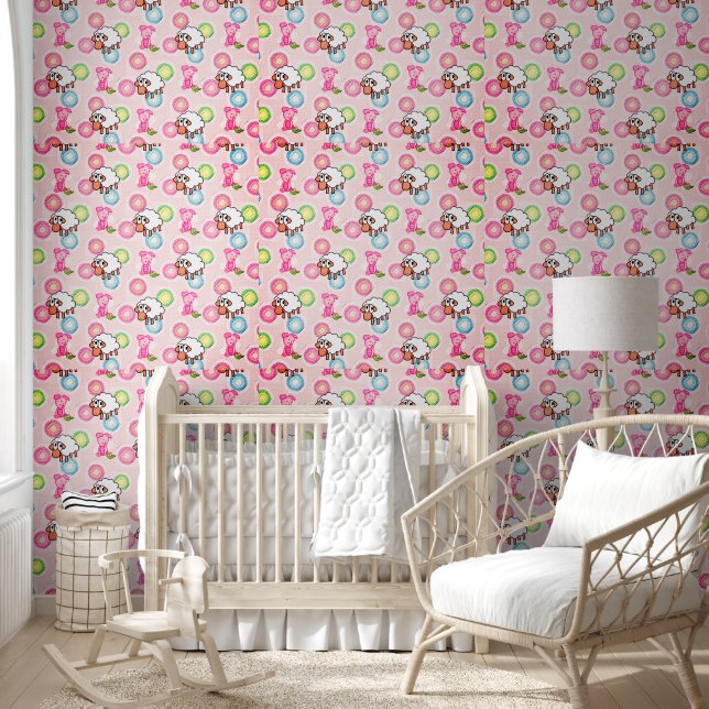 Papel Pintado Papel de fondo rosa y lechón blanco (Niños)