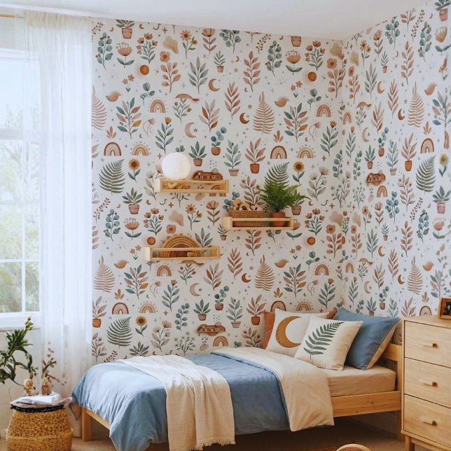 Papel pintado para guardería boho neutro con arcoí (Boho Floral Nursery Wallpaper | Botanical Baby Room Wall Mural Decor)