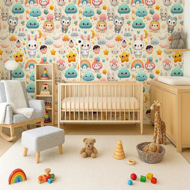 Papel pintado para guardería caprichoso pastel de  (Kawaii Bunny Pastel Whimsical Nursery Wallpaper)