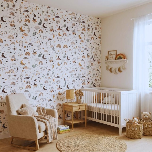 Papel pintado para guardería celestial boho | Luna (Trendy boho nursery wallpaper. Creative starry sky & rainbow peel & stick wall decor!)