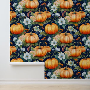Papel Pintado Parche de calabaza floral de otoño sobre azul oscu