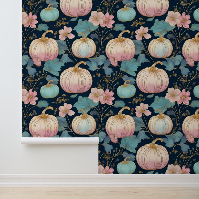 Papel Pintado Parche de calabaza pastel floral sobre azul oscuro (Solicitud)