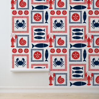 Papel Pintado Parcheo Costero Elegante Rojo y Azul Marino
