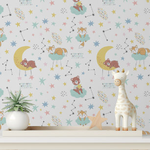 Papel Pintado Pastel Bebé Fox Bear Moon Stars Cute Niños Patrón