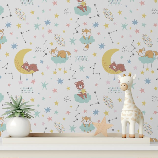 Papel Pintado Pastel Bebé Fox Bear Moon Stars Cute Niños Patrón (Subido por el creador)