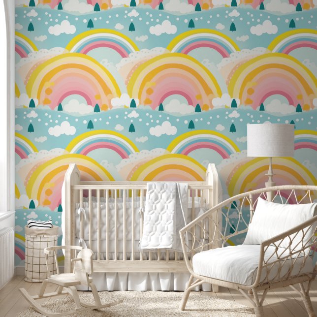 Papel Pintado Pastel de arbustos y nubes de guardería (Niños)