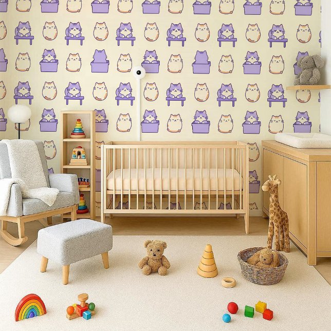 Papel pintado pastel de nursery gato gordito lavan (Kawaii Lavender Chonky Cat Pastel Nursery Wallpaper)