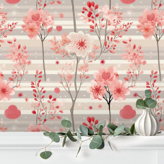 Papel Pintado Pastel Elegante Tiras Gris Rosa Floral (Subido por el creador)