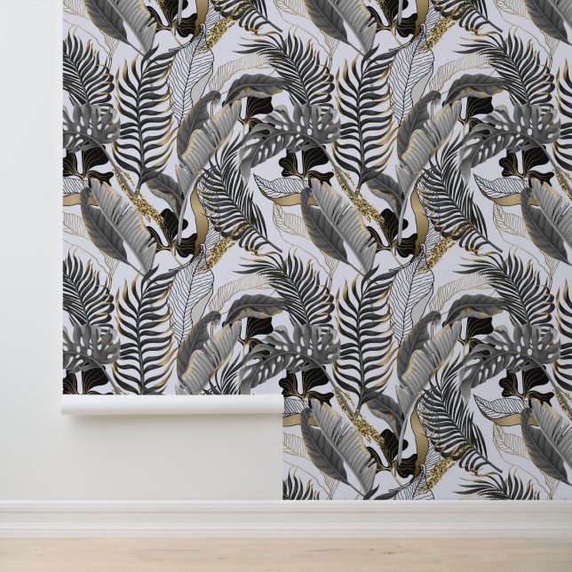 Papel Pintado Pastel Gray Gold Palm Tropical Sale Titan Blanco (Solicitud)