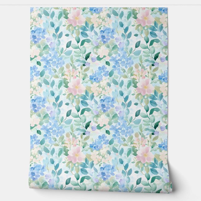 Papel Pintado Pastel Pink Blue Floral Pattern  (Desenrollar)