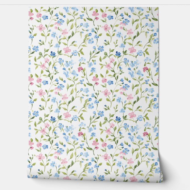 Papel Pintado Pastel Pink Blue Wildflower Pattern (Desenrollar)