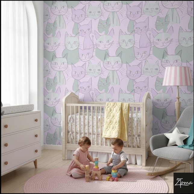 Papel Pintado Pastel Pink Green MCM Cat Pattern (Subido por el creador)