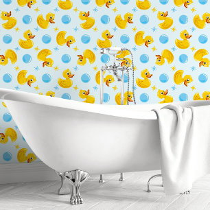 Papel Pintado Patitos de goma amarillos sobre azul con burbujas 