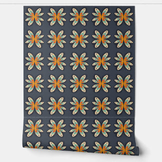 Papel Pintado Patrón abstracto floral retro naranja azul marino