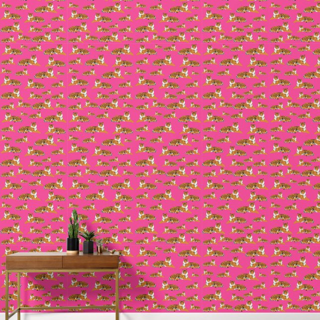 Papel Pintado Patrón animal de tigre de jungla rosada Naranja (Pasillo)