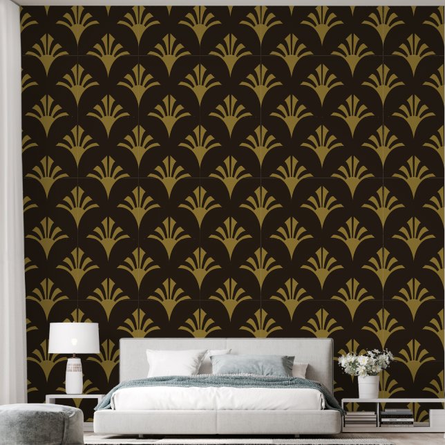 Papel Pintado Patrón Art Deco 02 - Deco Gold sobre Deco Black (Dormitorio)