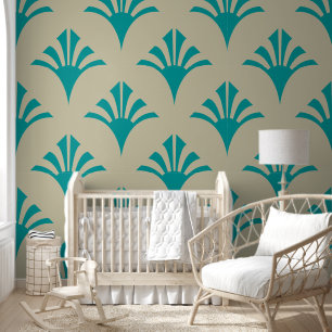 Papel Pintado Patrón Art Deco 02 - Verde azulado en blanco