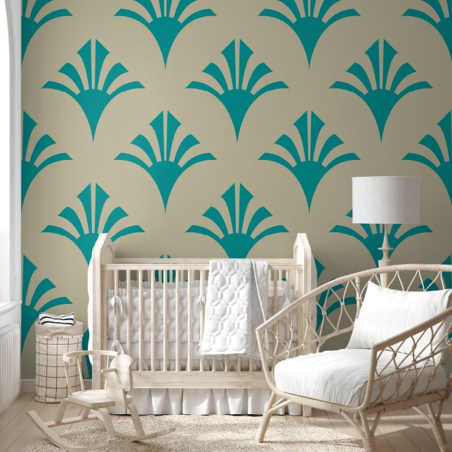 Papel Pintado Patrón Art Deco 02 - Verde azulado en blanco (Niños)