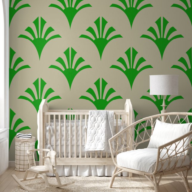 Papel Pintado Patrón Art Deco 02 - Verde del bosque en blanco ro (Niños)