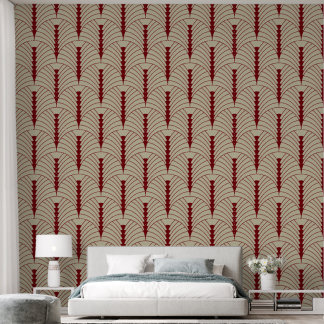 Papel Pintado Patrón Art Deco 03 - Rojo nocturno en blanco roto