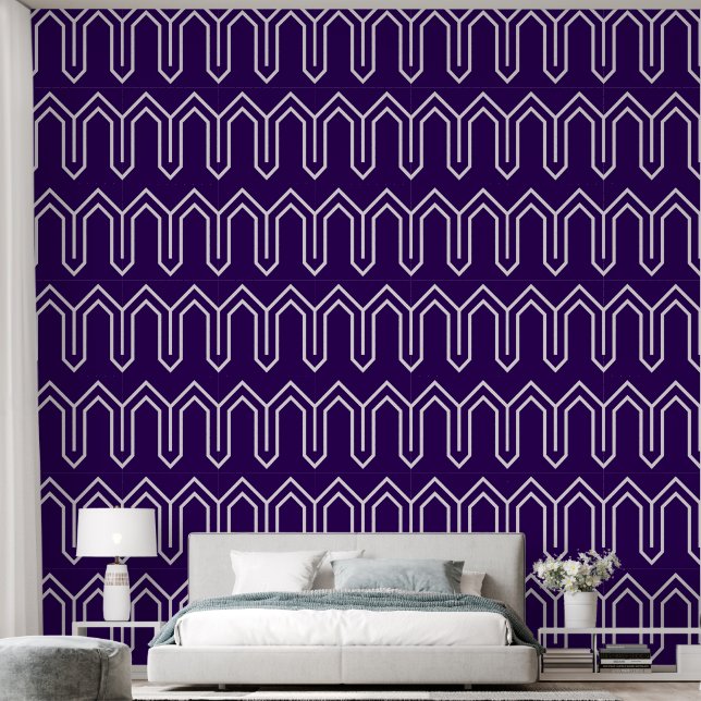 Papel Pintado Patrón Art Deco 05 - Blanco en Cadbury Purple (Dormitorio)