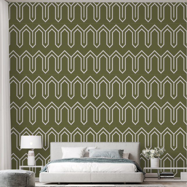 Papel Pintado Patrón Art Deco 05 - Blanco sobre verde de camufla (Dormitorio)