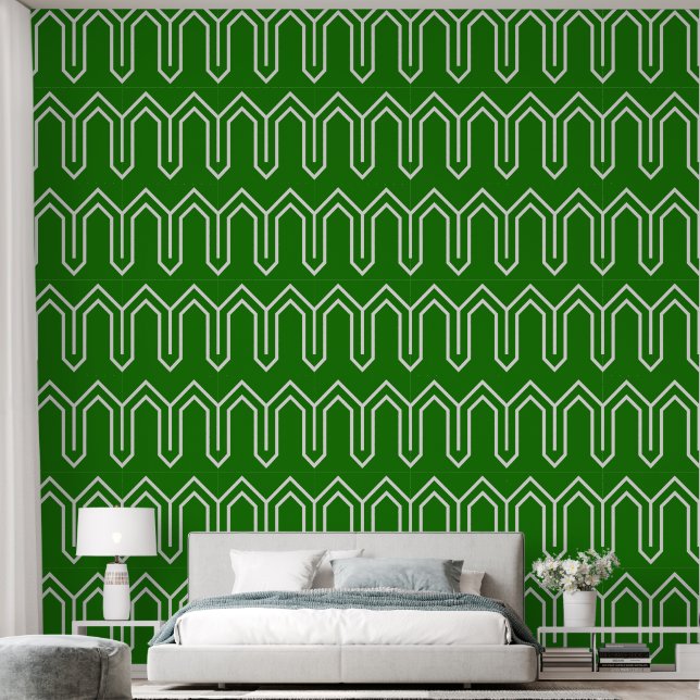 Papel Pintado Patrón Art Deco 05 - Blanco sobre verde forestal (Dormitorio)