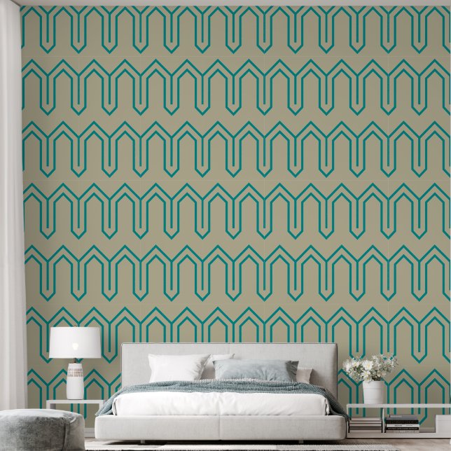 Papel Pintado Patrón Art Deco 05 - Verde azulado en blanco (Dormitorio)