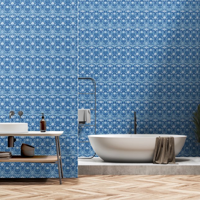 Papel Pintado Patrón Art Deco Azul Blanco Moderno (Baño)