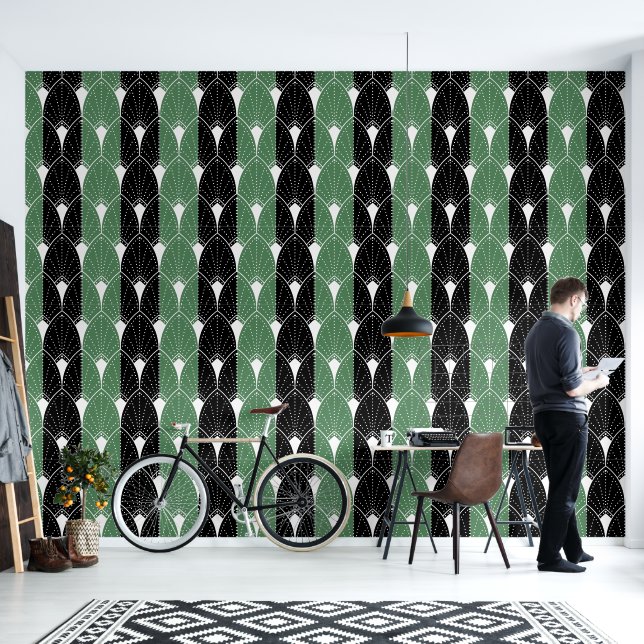 Papel Pintado Patrón Art Deco Blanco sobre rayas negras verdes (Sala de estar)