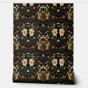 Papel Pintado Patrón Art Deco De Escarabajo Floral De Oro Y Negr