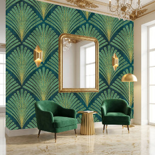 Papel Pintado Patrón Art Deco de hoja de palma verde y dorada so