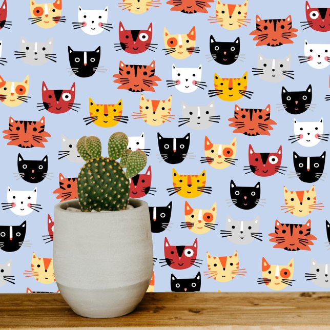 Papel Pintado Patrón azul de gato gatito divertido (Fun cat faces  art wallpaper for animal lovers)