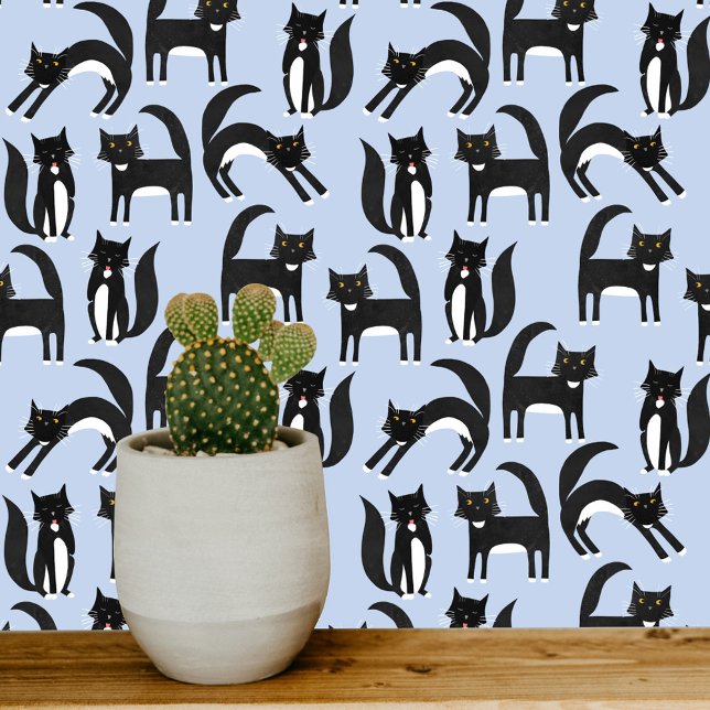 Papel Pintado Patrón azul de gato negro y negro (Black and white tuxedo cat  art wallpaper on a blue background)