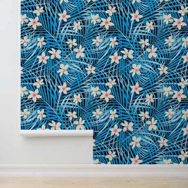 Papel Pintado Patrón azul de hojas de palma (Solicitud)