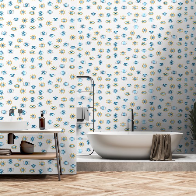 Papel Pintado Patrón azul, oro y blanco de Mati de ojos griegos (Baño)