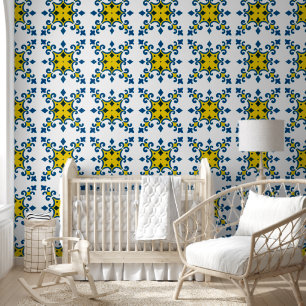Papel Pintado Patrón Azulejo De Flor Amarillo Azul