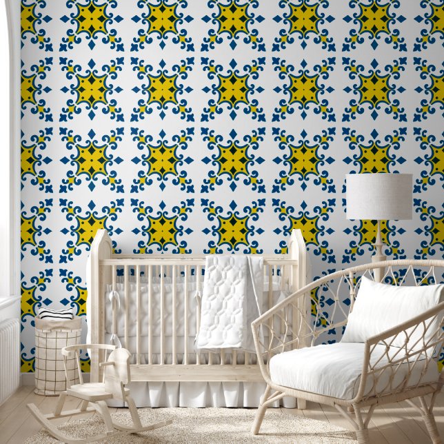 Papel Pintado Patrón Azulejo De Flor Amarillo Azul (Niños)