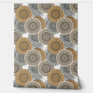 Papel Pintado Patrón beige gris mandala árabe estilo oriental