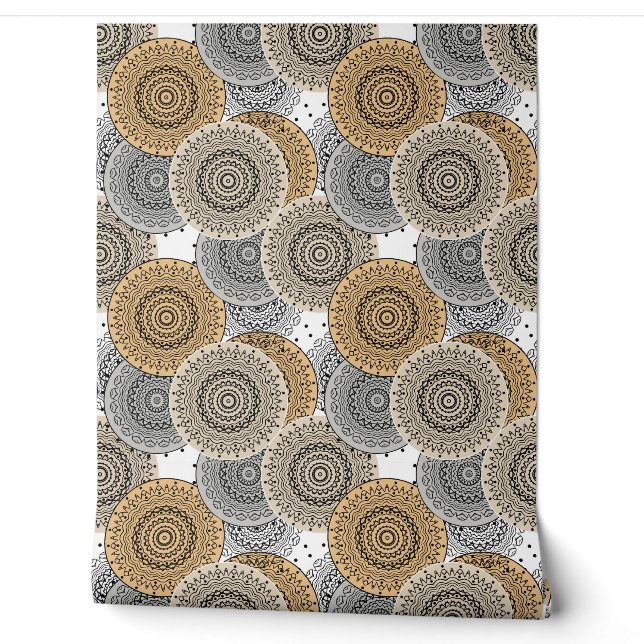 Papel Pintado Patrón beige gris mandala árabe estilo oriental (Desenrollar)