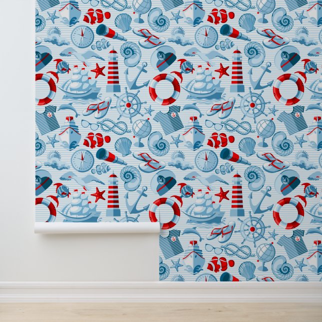 Papel Pintado Patrón Blanco Y Azul Náutico Rojo (Solicitud)