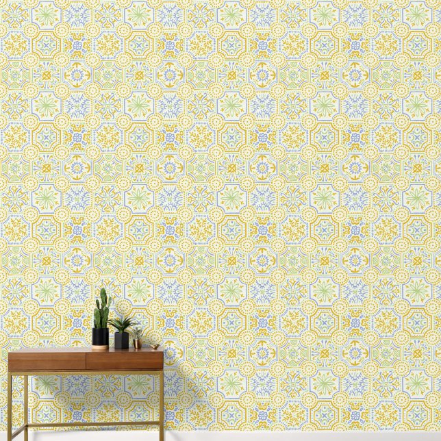 Papel Pintado Patrón boho de azulejo mediterráneo acuarela (Pasillo)