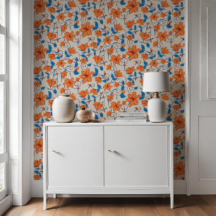 Papel Pintado Patrón botánico de Blue Lily Naranja Floral