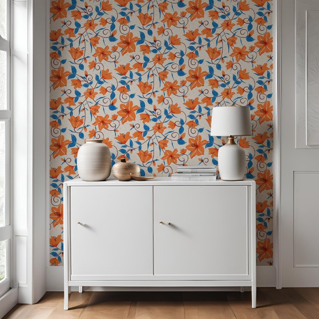 Papel Pintado Patrón botánico de Blue Lily Naranja Floral (Subido por el creador)