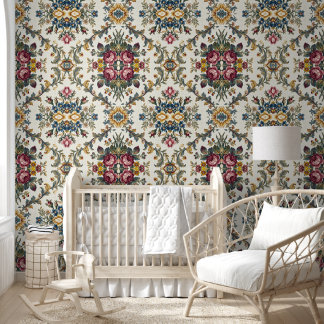 Papel Pintado Patrón Botánico de Damasco Floral Antiguo  