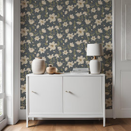 Papel Pintado Patrón botánico de Lily Beige-Gris Azul Floral
