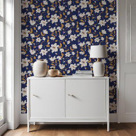 Papel Pintado Patrón botánico de Lirio Beige Azul Floral