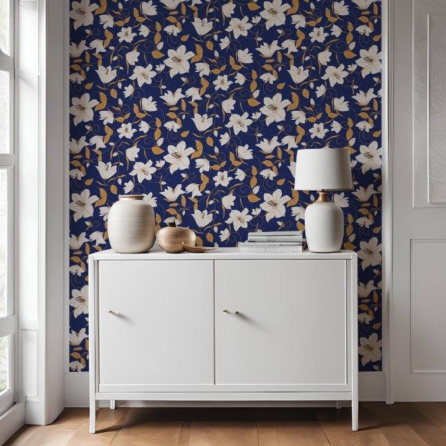 Papel Pintado Patrón botánico de Lirio Beige Azul Floral (Subido por el creador)