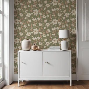 Papel Pintado Patrón botánico de Lirio Beige Verde Floral Sage