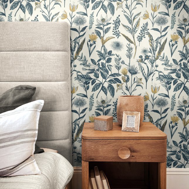 Papel Pintado Patrón botánico de oro y marina (This wallpaper design brings the charm of a flourishing garden into your space.)